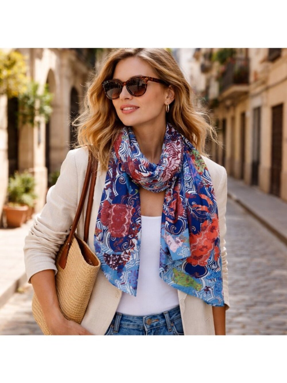 Bimba Y Lola Scarf Wrap Shawl Large Colorful Women Animals Blue Red
